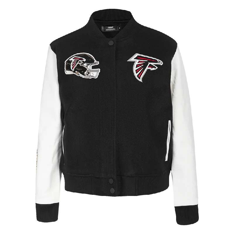 NFL ATLANTA FALCONS CLASSIC WOMEN'S WOOL VARSITY JACKET (BLACK/WHITE) Stand-Up Collar Roll-Neck Collar Turtle Neck NFL ATLANTA FALCONS CLASSIC WOMEN'S WOOL VARSITY JACKET (BLACK/WHITE) Stand-Up Collar Roll-Neck Collar Turtle Neck