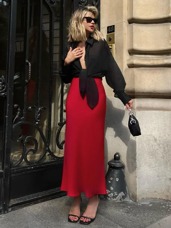 Fashion Satin Elegant Solid High Waist Office Lady Slim Long Skirt lace skirt romantic