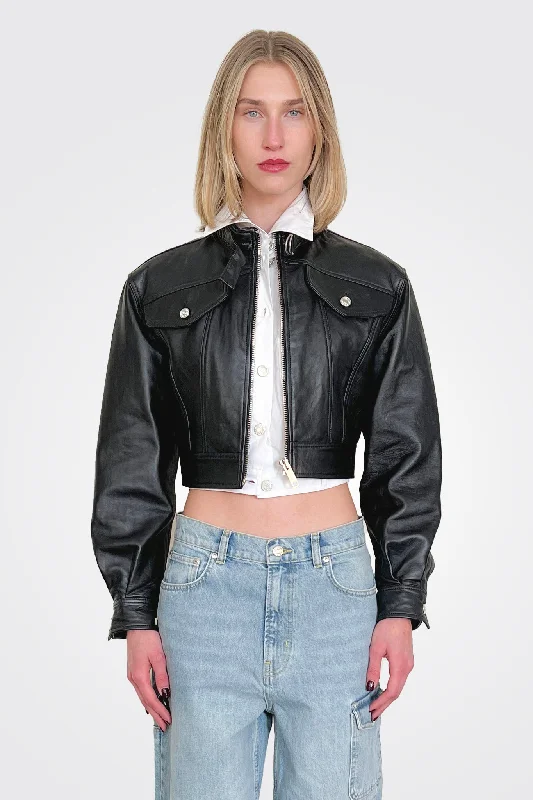 Faux Leather Crop Jacket - Black Belted Jacket Elasticated Jacket Padded Jacket