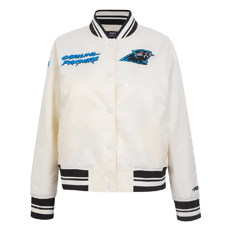 NFL CAROLINA PANTHERS RETRO CLASSIC WOMEN'S RIB SATIN JACKET (EGGSHELL/ BLACK) Herringbone Jacket Checkered Jacket Solid Jacket NFL CAROLINA PANTHERS RETRO CLASSIC WOMEN'S RIB SATIN JACKET (EGGSHELL/ BLACK) Herringbone Jacket Checkered Jacket Solid Jacket