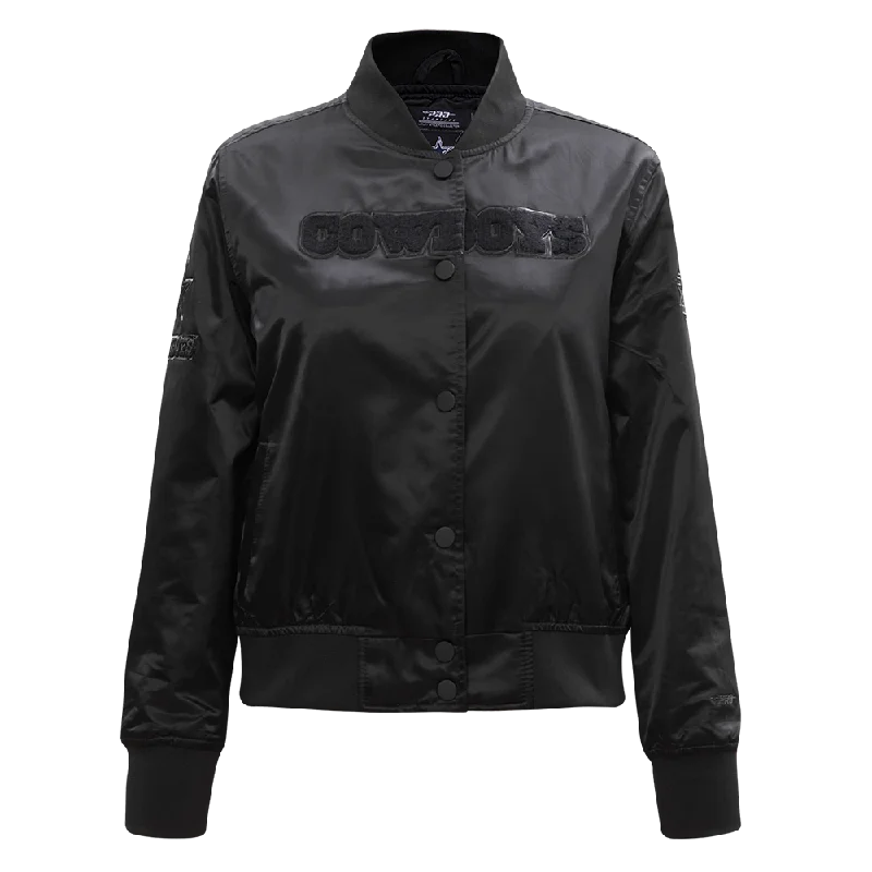 NFL DALLAS COWBOYS TRIPLE BLACK WOMEN'S SATIN JACKET (TRIPLE BLACK WOMEN'S) Faux Fur Fabric Real Fur Fabric Shearling Fabric NFL DALLAS COWBOYS TRIPLE BLACK WOMEN'S SATIN JACKET (TRIPLE BLACK WOMEN'S) Faux Fur Fabric Real Fur Fabric Shearling Fabric