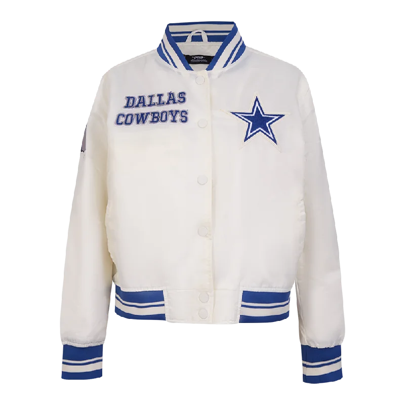 NFL DALLAS COWBOYS RETRO CLASSIC WOMEN'S RIB SATIN JACKET (EGGSHELL/DODGER BLUE) Chenille Jacket Brocade Jacket Lace Jacket NFL DALLAS COWBOYS RETRO CLASSIC WOMEN'S RIB SATIN JACKET (EGGSHELL/DODGER BLUE) Chenille Jacket Brocade Jacket Lace Jacket