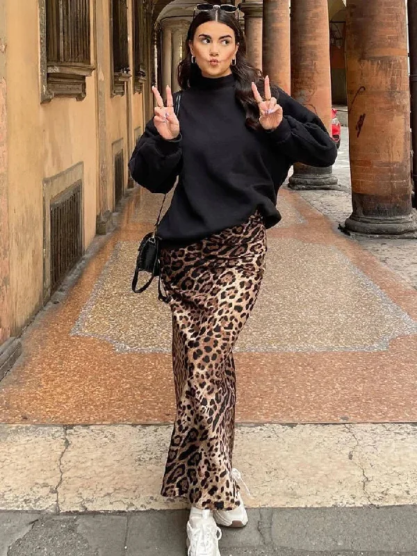 Female Retro Leopard Print Summer Fashion High Waist Satin A-Line Skirt corduroy skirt durable