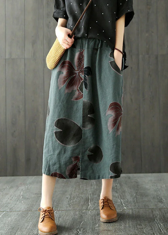 Fitted Blackish Green High Waist Pockets Print Side Open Linen Skirts Summer velvet skirt plush