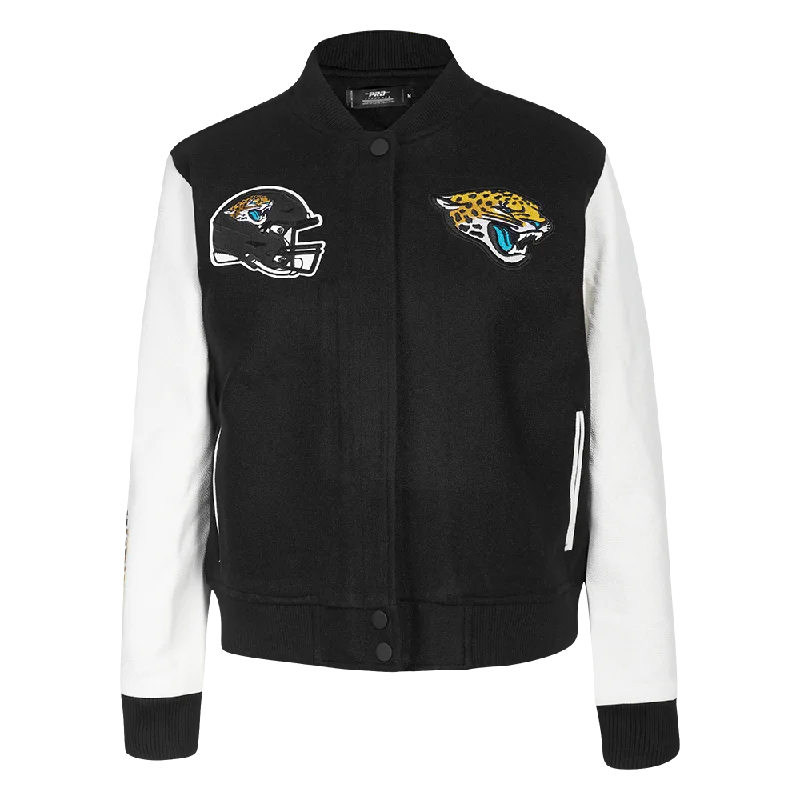 NFL JACKSONVILLE JAGUARS CLASSIC WOMEN'S WOOL VARSITY JACKET (BLACK/WHITE) Chenille Fabric Brocade Fabric Lace Fabric NFL JACKSONVILLE JAGUARS CLASSIC WOMEN'S WOOL VARSITY JACKET (BLACK/WHITE) Chenille Fabric Brocade Fabric Lace Fabric