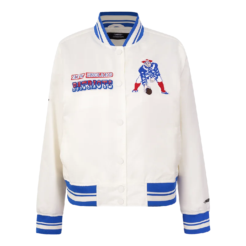 NFL NEW ENGLAND PATRIOTS RETRO CLASSIC WOMEN'S RIB SATIN JACKET (EGGSHELL/ ROYAL BLUE) Zip Front Button Front Snap Front NFL NEW ENGLAND PATRIOTS RETRO CLASSIC WOMEN'S RIB SATIN JACKET (EGGSHELL/ ROYAL BLUE) Zip Front Button Front Snap Front