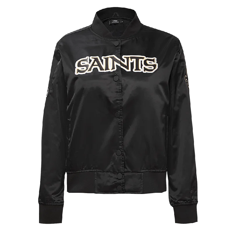 NFL NEW ORLEANS SAINTS CLASSIC WOMEN'S SATIN JACKET (BLACK/WHITE M60030) Fleece Fabric Down Fabric Feather Fabric NFL NEW ORLEANS SAINTS CLASSIC WOMEN'S SATIN JACKET (BLACK/WHITE M60030) Fleece Fabric Down Fabric Feather Fabric