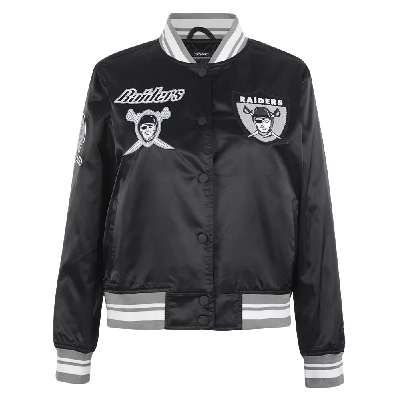 NFL OAKLAND RAIDERS RETRO CLASSIC WOMEN'S RIB SATIN JACKET (BLACK/GREY) One-Shoulder Jacket Off-the-Shoulder Jacket Asymmetrical Jacket NFL OAKLAND RAIDERS RETRO CLASSIC WOMEN'S RIB SATIN JACKET (BLACK/GREY) One-Shoulder Jacket Off-the-Shoulder Jacket Asymmetrical Jacket
