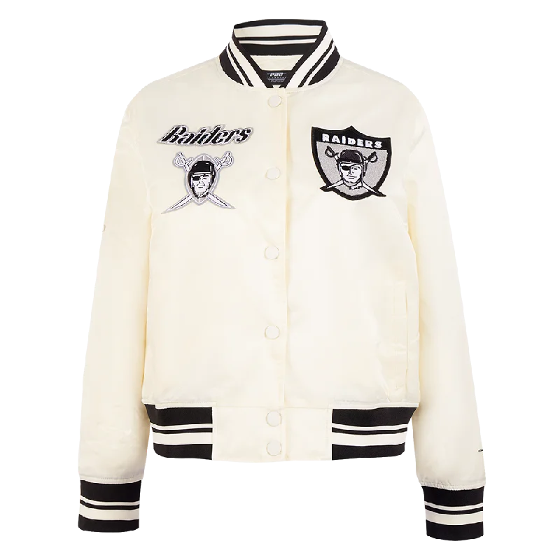 NFL OAKLAND RAIDERS RETRO CLASSIC WOMEN'S RIB SATIN JACKET (EGGSHELL/ BLACK) Wool Jacket Cashmere Jacket Tweed Jacket NFL OAKLAND RAIDERS RETRO CLASSIC WOMEN'S RIB SATIN JACKET (EGGSHELL/ BLACK) Wool Jacket Cashmere Jacket Tweed Jacket