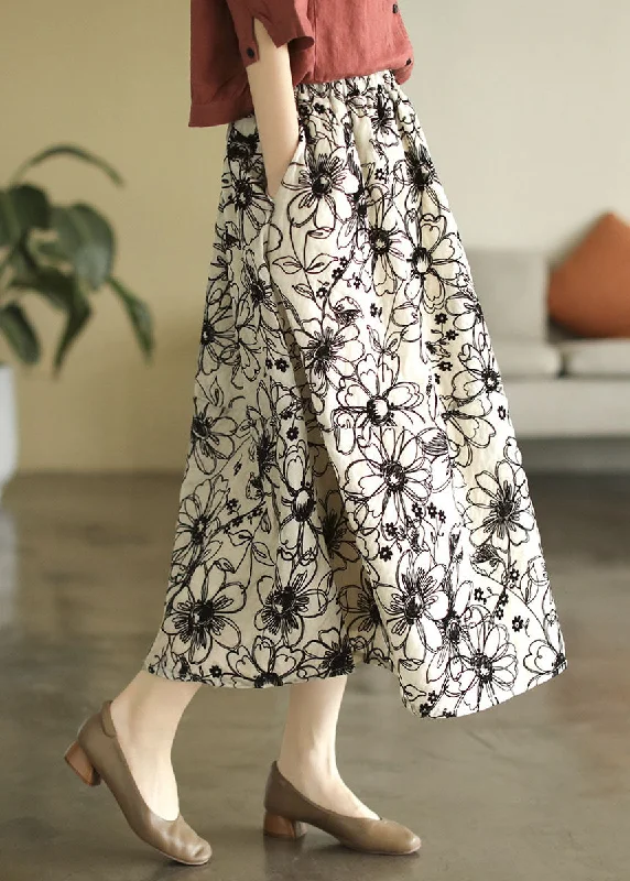 French Beige Embroideried Exra Large Hem Pockets Linen Skirts Summer silk skirt lustrous