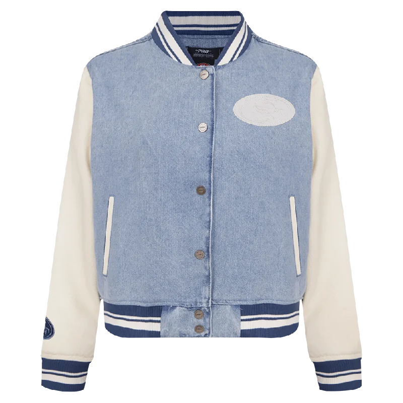 NFL SAN FRANCISCO 49ERS VARSITY BLUES WOMEN'S DENIM VARSITY JACKET (DENIM/LINEN) Chenille Jacket Brocade Jacket Lace Jacket NFL SAN FRANCISCO 49ERS VARSITY BLUES WOMEN'S DENIM VARSITY JACKET (DENIM/LINEN) Chenille Jacket Brocade Jacket Lace Jacket