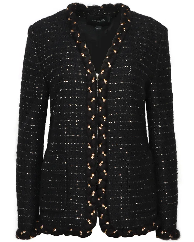 Black Micro Sequin Boucle Jacket A-Line Jacket Boat Neck Shawl Collar