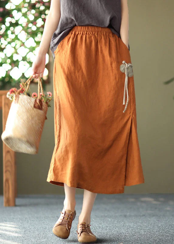 Handmade Orange Elastic Waist Oriental Button Linen Skirts Summer silk skirt smooth