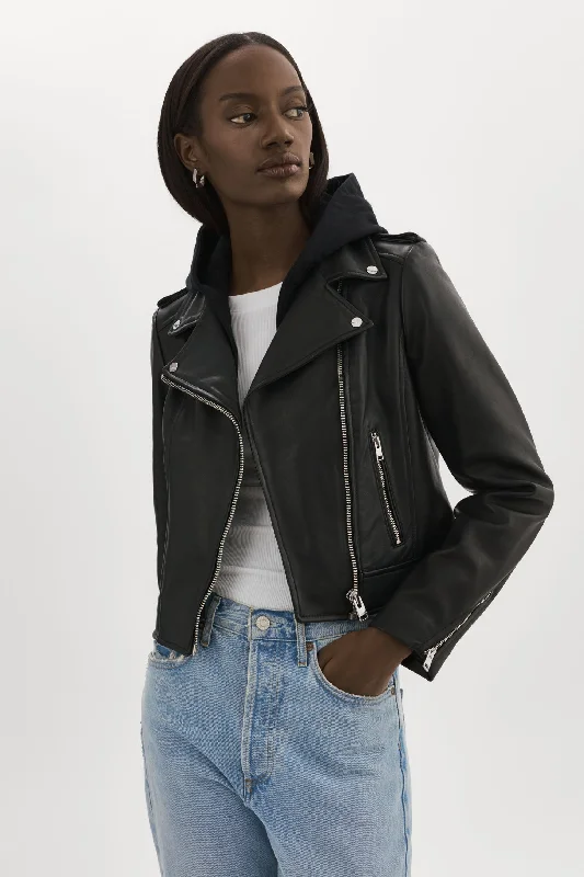 HOLY | Leather Biker Jacket with Removable Hood A-Line Jacket Boat Neck Shawl Collar HOLY | Leather Biker Jacket with Removable Hood A-Line Jacket Boat Neck Shawl Collar