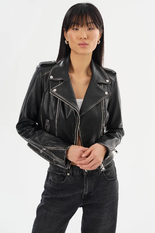 HOLY | Leather Biker Jacket with Removable Hood Wool Fabric Cashmere Fabric Tweed Fabric HOLY | Leather Biker Jacket with Removable Hood Wool Fabric Cashmere Fabric Tweed Fabric