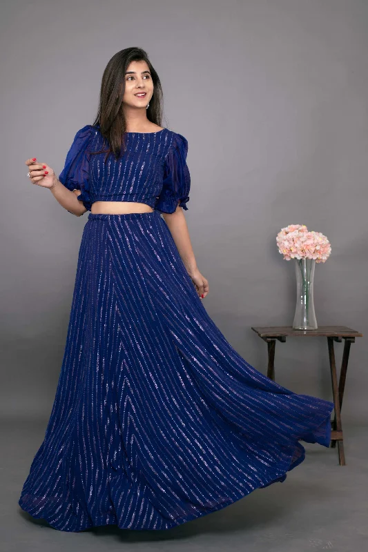 Women's Ink Blue Ruffle Crop Top With Skirt (2pc Set) - Label Shaurya Sanadhya chiffon skirt floaty