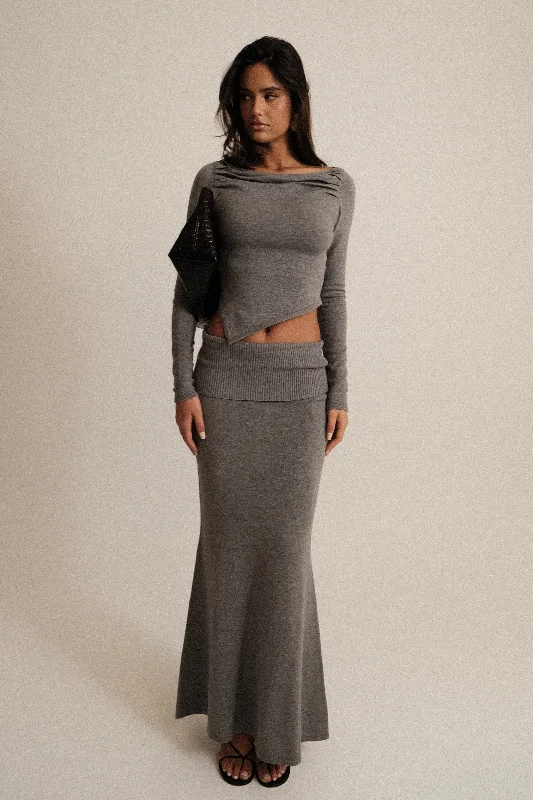 Karlie Knit Maxi Skirt With Ribbed Waist - Charcoal Marle wool skirt sturdy