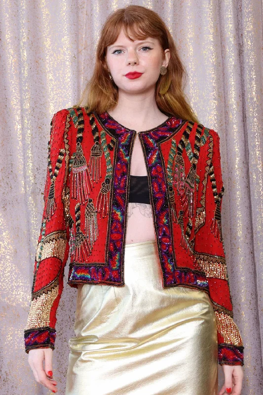 Kazar Beaded Silk Tassel Jacket S/M Zip Front Button Front Snap Front