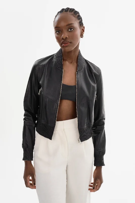 KORDELLA | Reversible Leather Bomber Jacket Denim Fabric Leather Fabric Suede Fabric KORDELLA | Reversible Leather Bomber Jacket Denim Fabric Leather Fabric Suede Fabric