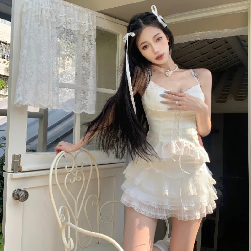 Lace suspender top + white cake skirt PL53256 modal blend skirt