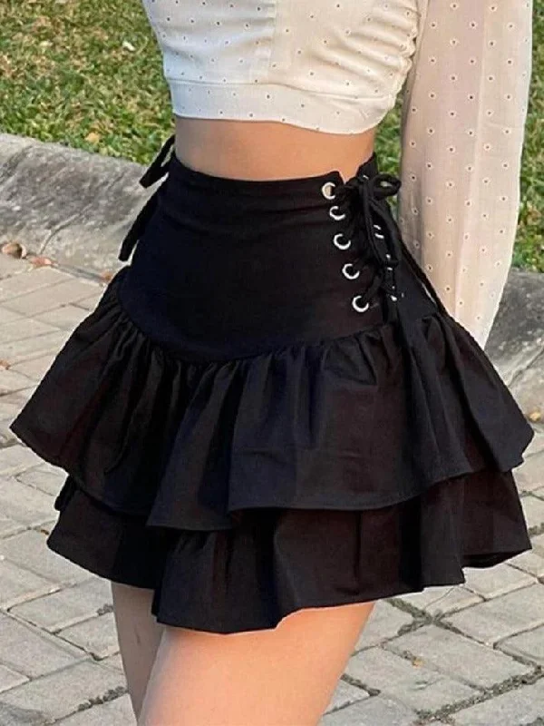 Lace Up Tiered Mini Skirt zip skirt side