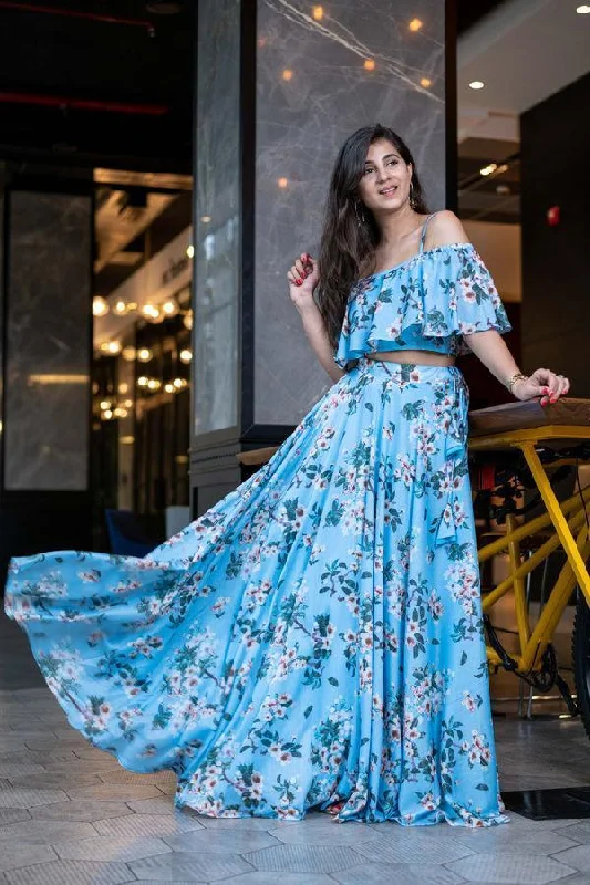 Women's Light Blue Floral Affair Ruffle Top With Skirt - Label Shaurya Sanadhya denim skirt trendy