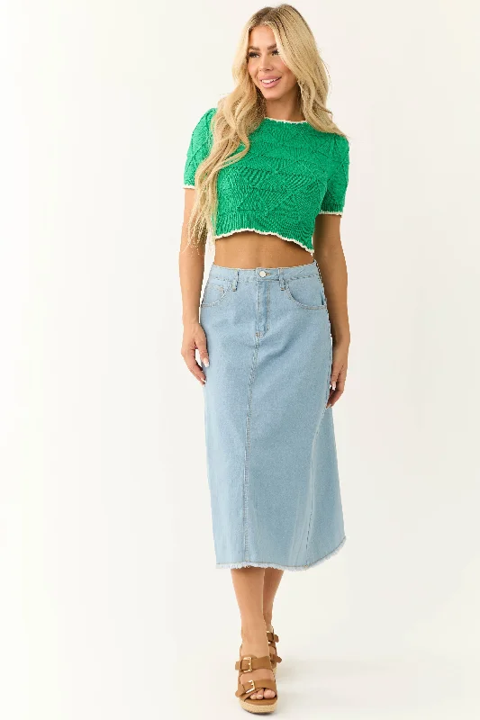 Light Wash Denim Frayed Hem Midi Skirt velvet skirt rich
