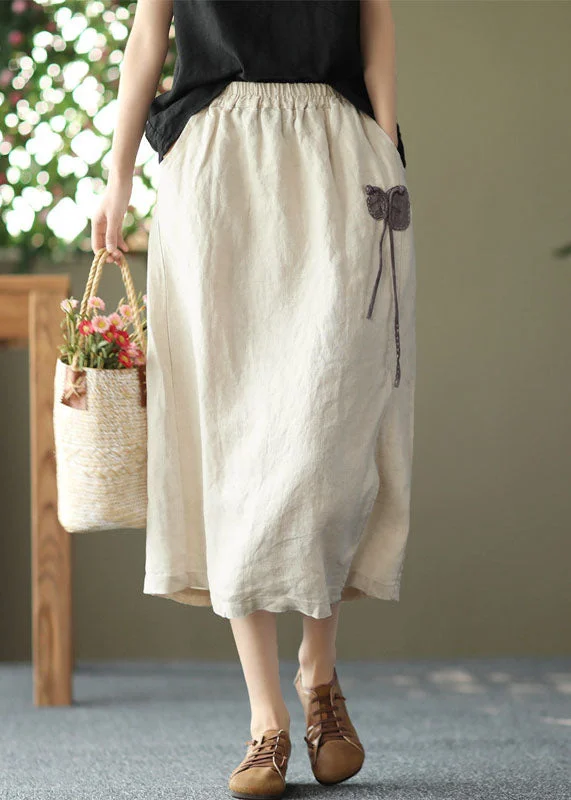 Linen Color Pockets Linen Skirts Side Open Oriental Button Summer denim skirt stylish