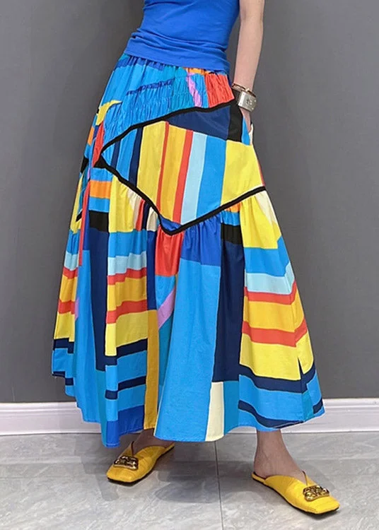 Loose Multi Striped wrinkled Patchwork Pockets Elastic Waist Skirt Summer a-line skirt cut