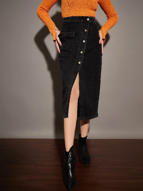 Lyush Women Black Washed Front Button Wrap Skirt cashmere skirt soft