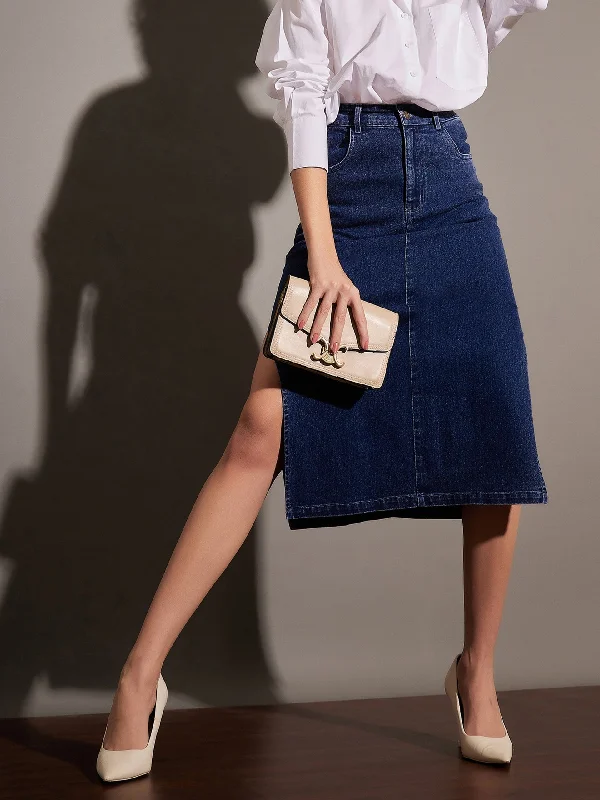 Lyush Women Navy Denim Side Slit Midi Skirt denim skirt classic