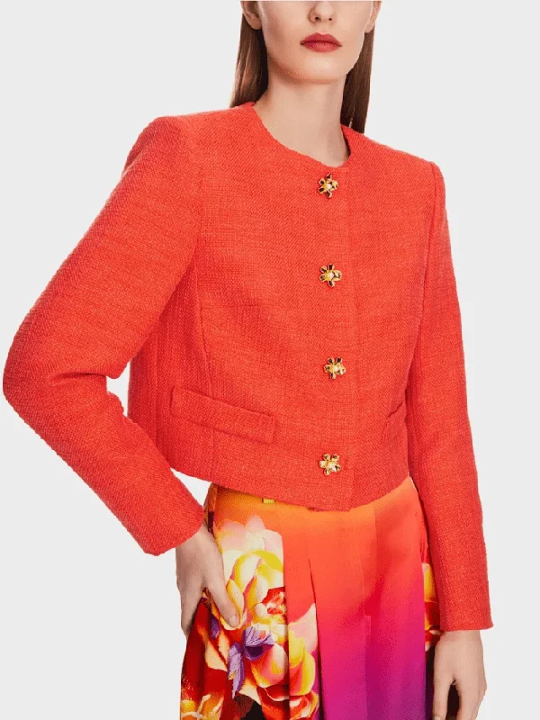 Marc Cain Glam Short Jacket In Red With Decorative Buttons XG 31.01 W08 COL 223 Front Pockets Side Pockets Patch Pockets Marc Cain Glam Short Jacket In Red With Decorative Buttons XG 31.01 W08 COL 223 Front Pockets Side Pockets Patch Pockets