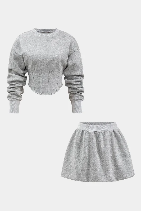 Round-Neck Corset Long-Sleeve Top And Skirt Set mini skirt trendy