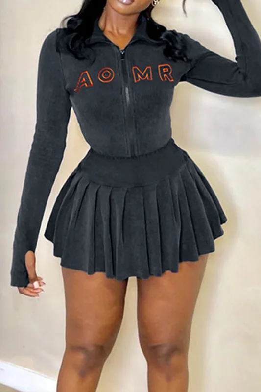 Letter Embroidered Rib Knit Stand Collar Zipper Crop Cardigan And Pleated Mini Skirt Set wool skirt breathable