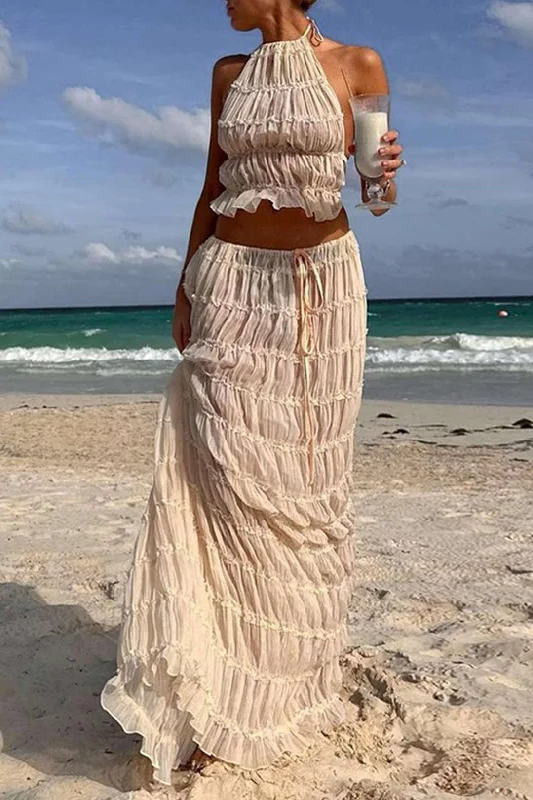 Halter Neck Tie Ruched Backless Ruffle Skirt Set wool skirt sturdy