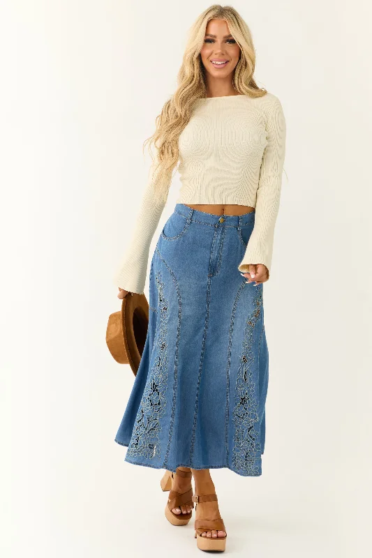 Medium Wash Denim Floral Embroidered Maxi Skirt silk skirt lustrous