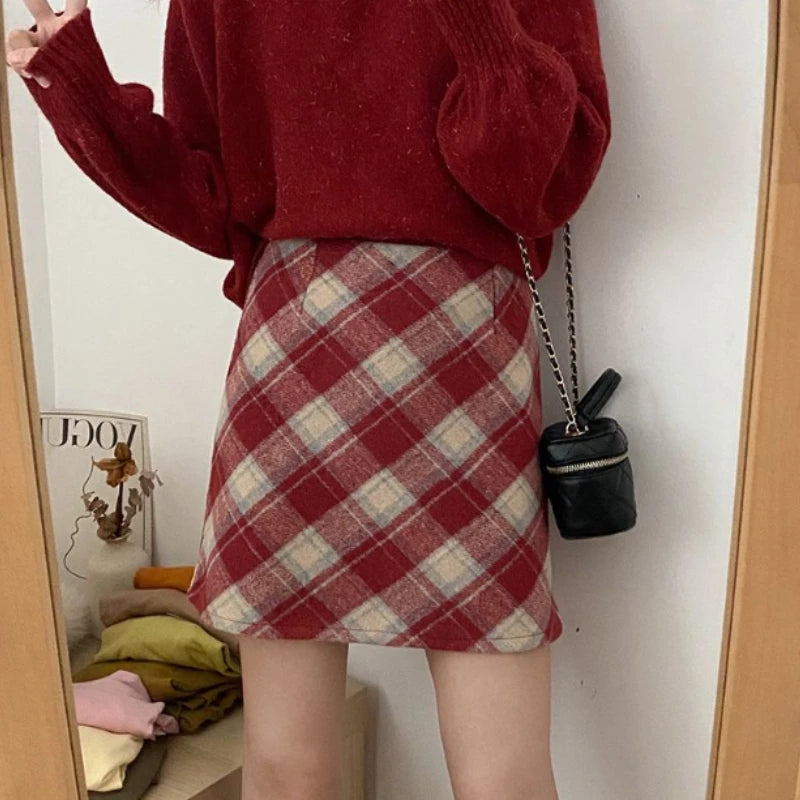 Mini Plaid A-line Red Style All-match Woolen Daily Skirt chiffon skirt airy