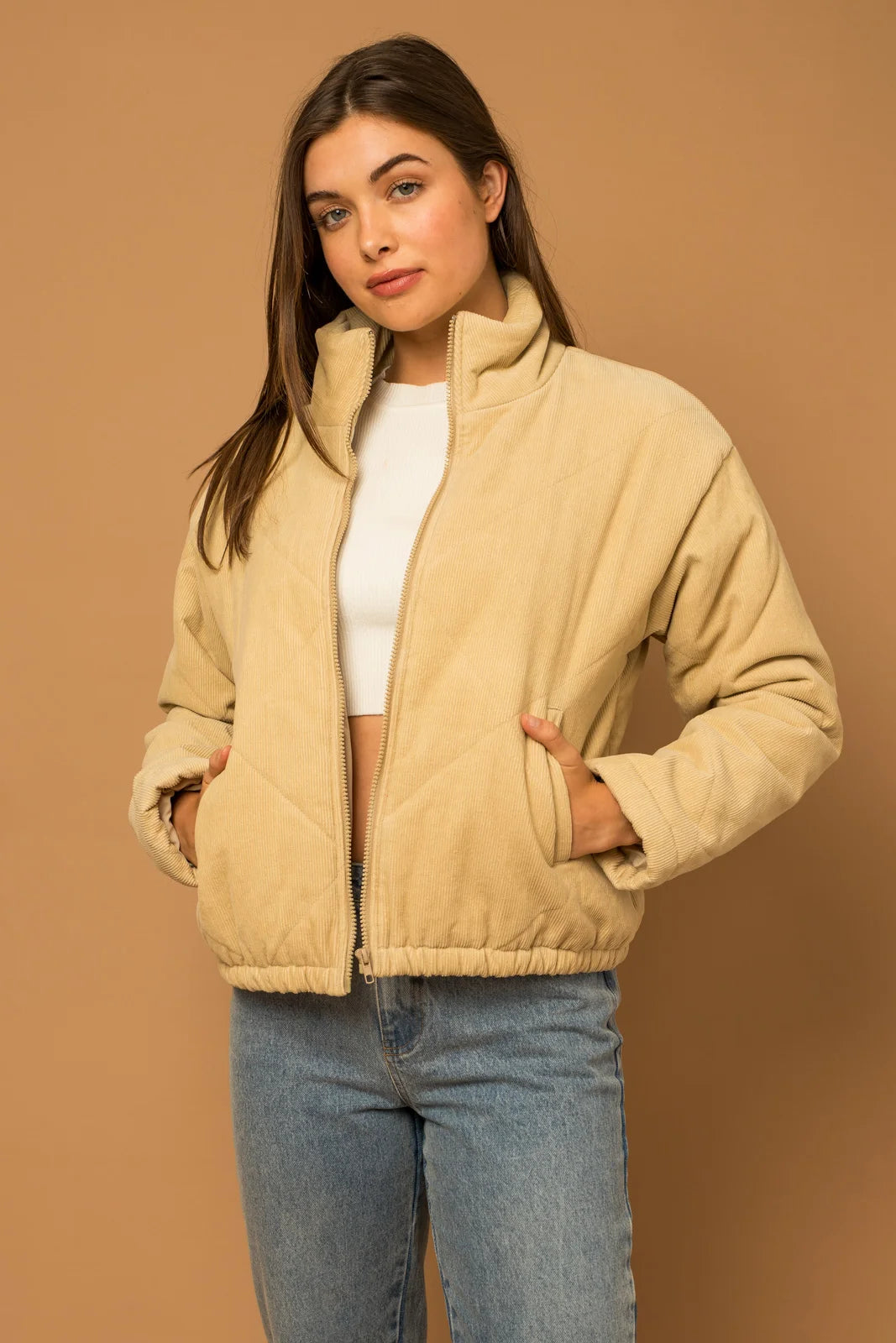 Quilted Corduroy Side Pocket Puff Jacket Bomber Jacket Anorak Windbreaker