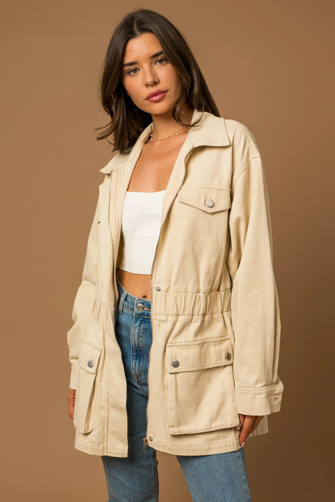 Cotton Utility Pocket Button Elastic Waist Safari Jacket A-Line Jacket Boat Neck Shawl Collar Cotton Utility Pocket Button Elastic Waist Safari Jacket A-Line Jacket Boat Neck Shawl Collar