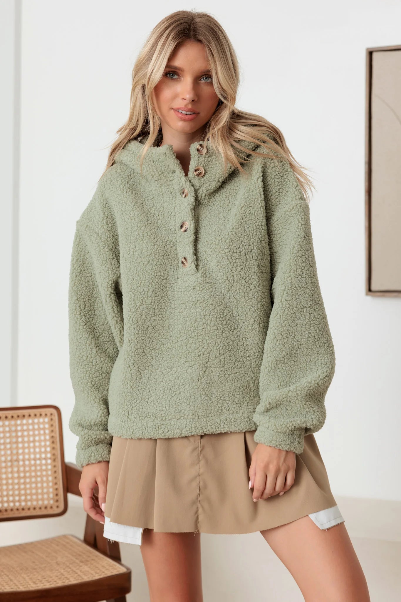 Sherpa Button-Up Two Pocket Hooded Pullover Jacket Faux Fur Fabric Real Fur Fabric Shearling Fabric Sherpa Button-Up Two Pocket Hooded Pullover Jacket Faux Fur Fabric Real Fur Fabric Shearling Fabric
