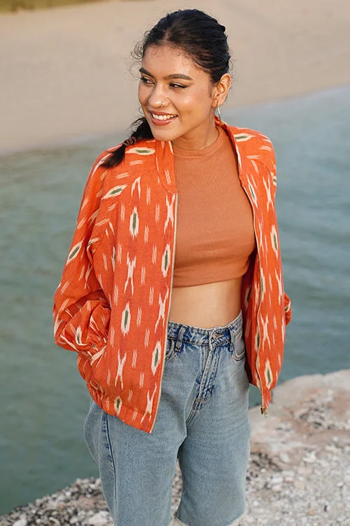 Okhai "Deccan" Orange Ikkat Pure Cotton Bomber Jacket Tiered Jacket Buttoned Jacket Zippered Jacket Okhai "Deccan" Orange Ikkat Pure Cotton Bomber Jacket Tiered Jacket Buttoned Jacket Zippered Jacket