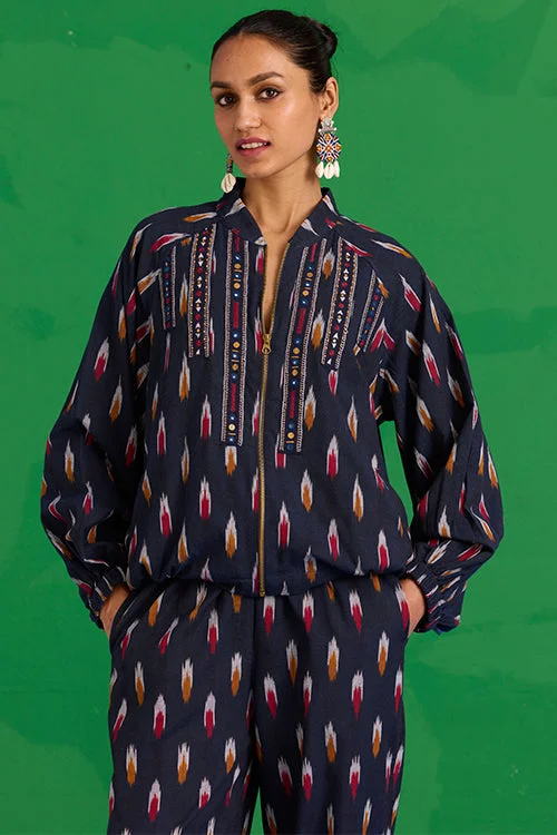 Okhai “Kalinga” Hand-Embroidered Tikki and Mirror work Ikkat Pure Cotton Bomber Jacket V-Neck Jacket Boat Neck Jacket Square Neck Jacket Okhai “Kalinga” Hand-Embroidered Tikki and Mirror work Ikkat Pure Cotton Bomber Jacket V-Neck Jacket Boat Neck Jacket Square Neck Jacket