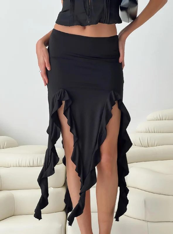 Peachey Asymmetric Ruffle Midi Skirt Black asymmetrical skirt cut
