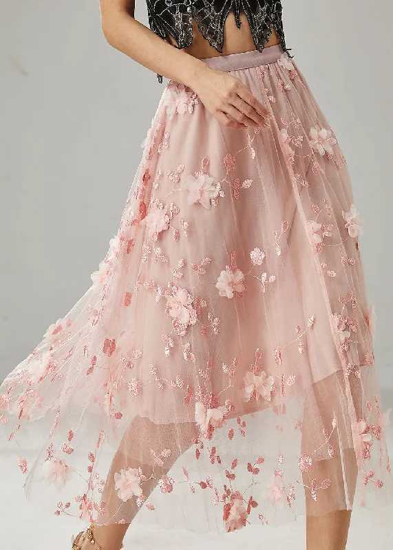 Pink Floral Tulle Beach Skirts Embroidered Summer corduroy skirt durable