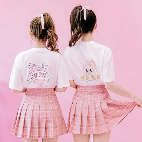 Pink grid pleated skirt  YV16018 cashmere skirt rich