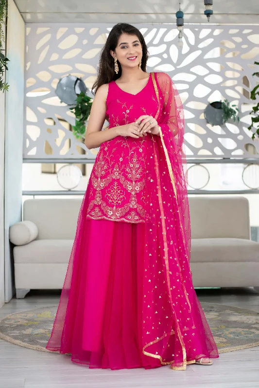 Women's Pink Georgette Heavy Work Kurta With Long Skirt And Net Dupatta (3pc Set) - Label Shaurya Sanadhya leather skirt refined