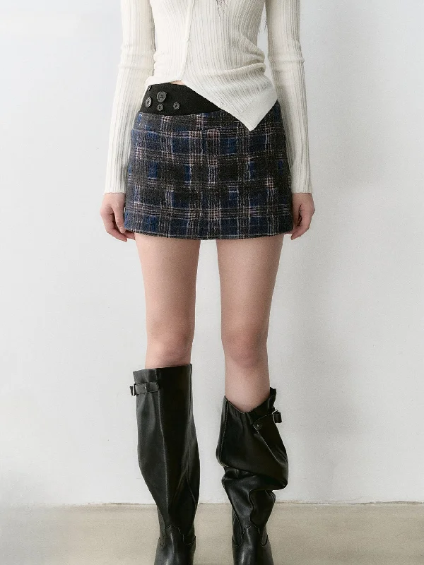 Plaid Button Patchwork A-Line Skirt chiffon skirt lightweight