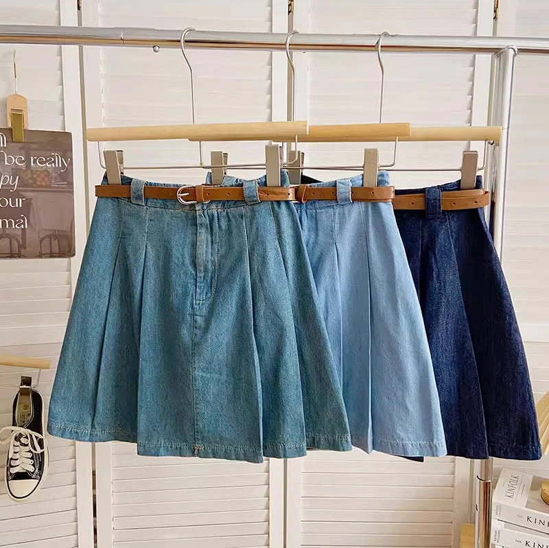 Pleated Denim Mini Skirt (3 Colors) belted skirt waist