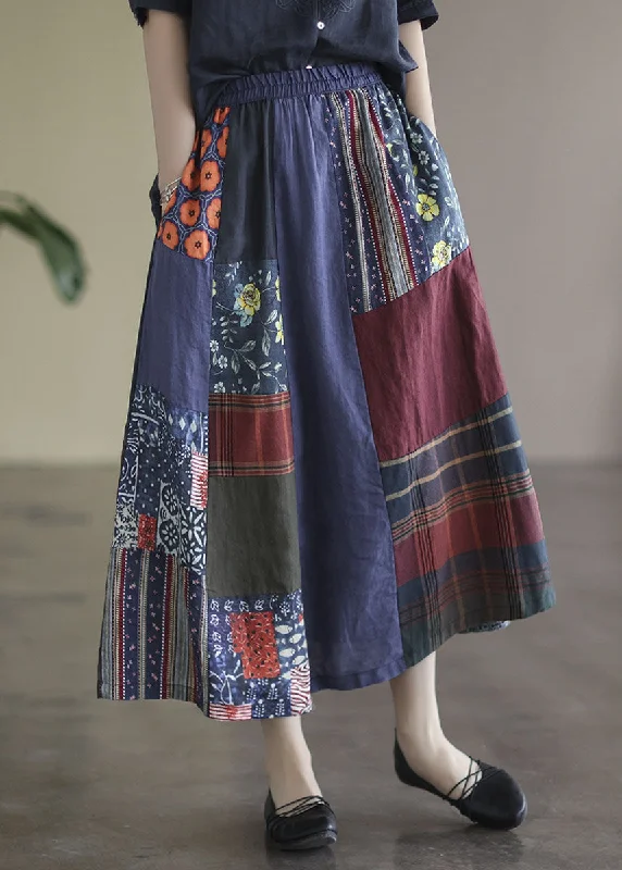 Plus Size Colorblock Elastic Waist Patchwork Print Linen Skirts Summer modal blend skirt