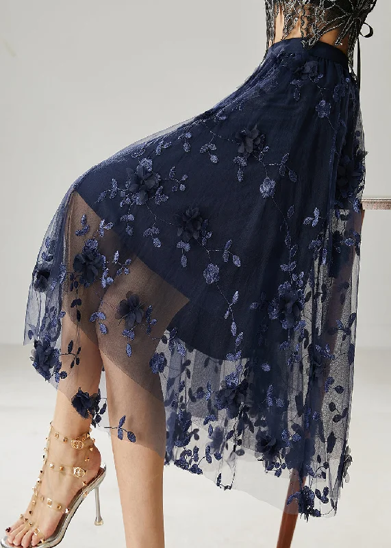 Plus Size Navy Embroidered Floral Tulle Skirts Summer silk skirt lustrous